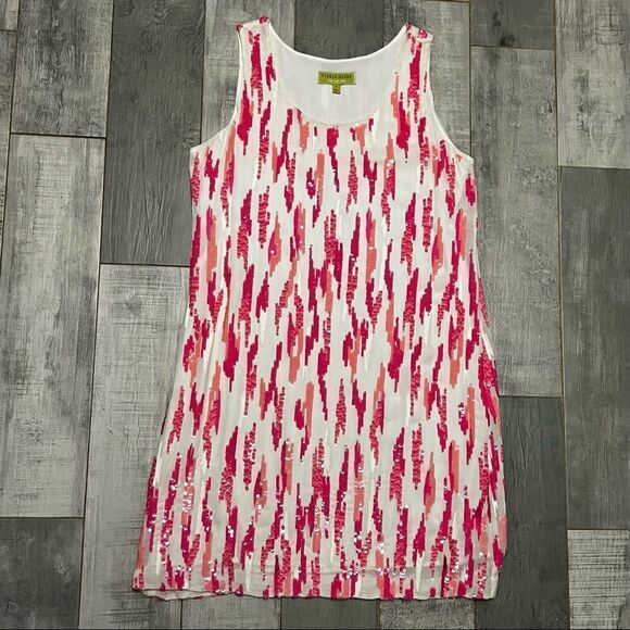 Sigrid Olsen Sequin Embroidered White Pink Tank Easy Fit Sheath Shift Dress M - Picture 1 of 8